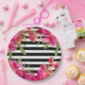 水彩フローラ黒ストライプ色 ペーパープレート (パーティー)