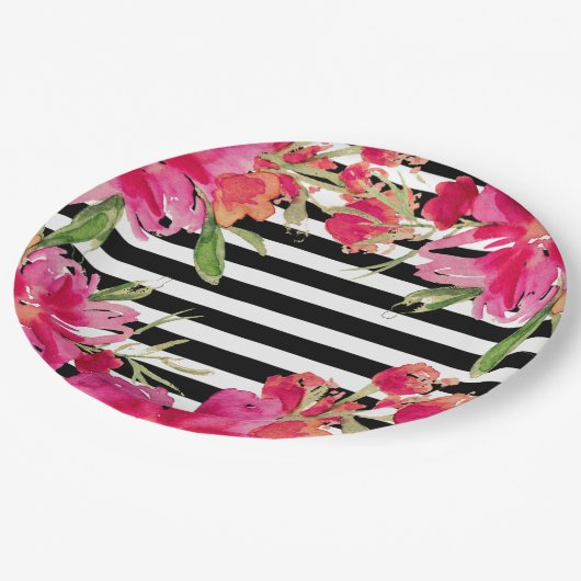 水彩フローラ黒ストライプ色 ペーパープレート (アングル)