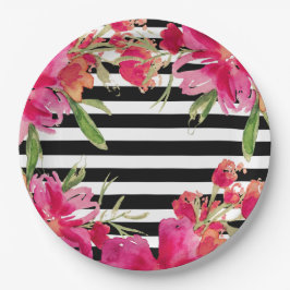 水彩フローラ黒ストライプ色 ペーパープレート