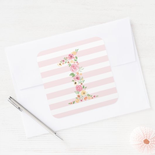 水彩フローラ1つ目の誕生日 スクエアシール (封筒)