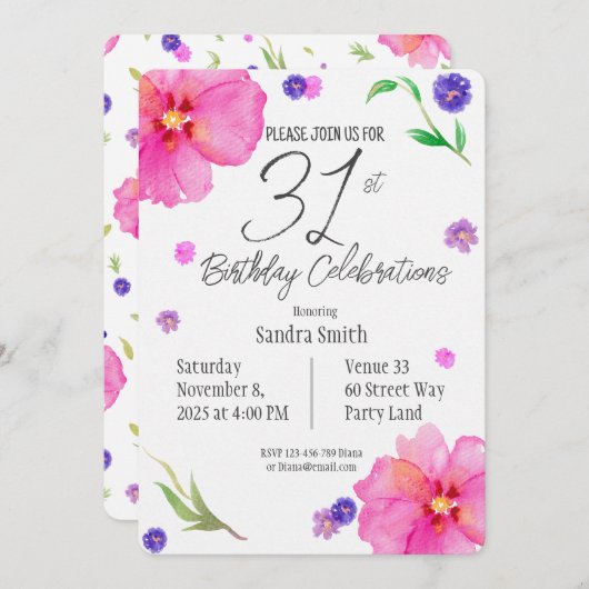 水彩フローラ31番目の誕生日招待状 招待状 (正面/裏面)