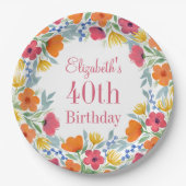 水彩フローラ40歳の誕生日 ペーパープレート (正面)