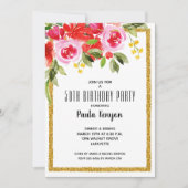 水彩フローラ50番目の誕生日グリッターパーティー 招待状 (正面)