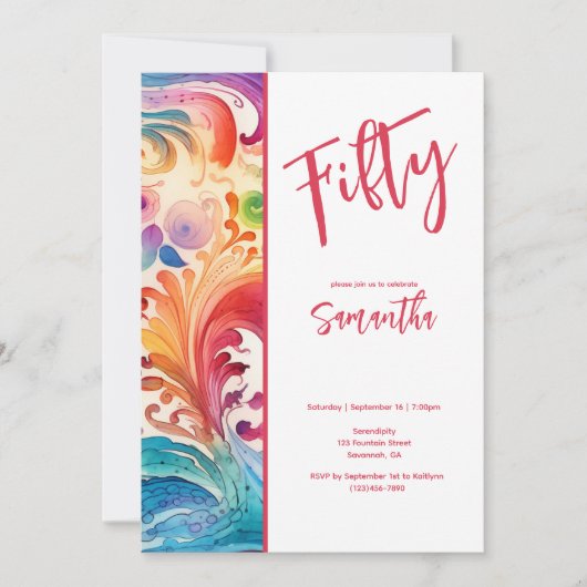 水彩フローラ50番目の誕生日招待状 招待状 (正面)