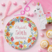 水彩フローラ50誕生日 ペーパープレート (パーティー)