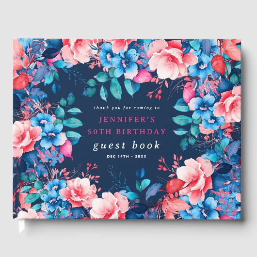 水彩フローラ50th誕生日ゲストブックネイビー ゲストブック (正面)
