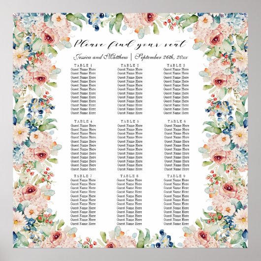 水彩フローラ9結婚テーブル ポスター (正面)