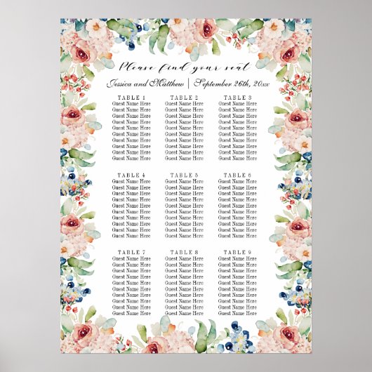 水彩フローラ9結婚テーブル ポスター (正面)