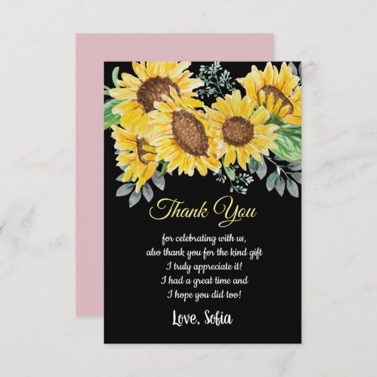 水彩フローラ、ひまわり、サンキューカード 招待状 (正面/裏面)