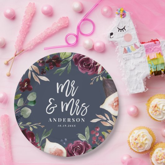 水彩フローラ+スクリプト結婚式の日氏&ミセス ペーパープレート (パーティー)