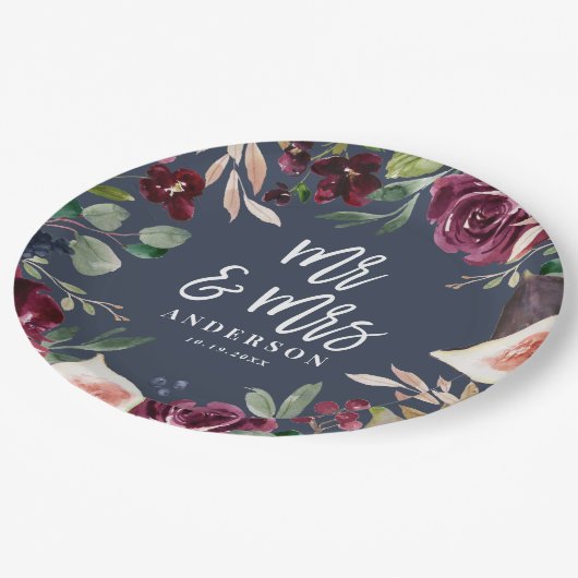 水彩フローラ+スクリプト結婚式の日氏&ミセス ペーパープレート (アングル)