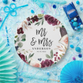 水彩フローラ+スクリプト結婚式の日氏&ミセス ペーパープレート (パーティー)