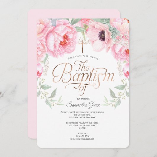 水彩フローラ、ピンク、女エレガントの子バプテスマ 招待状 (正面/裏面)