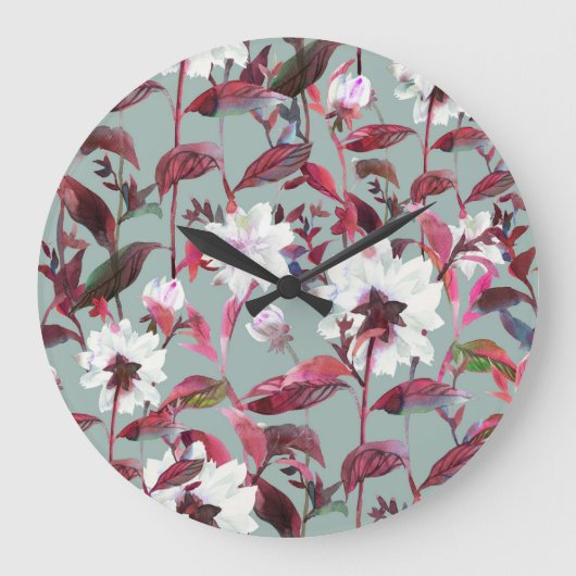 水彩フローラ：手書き開花。 ラージ壁時計 (正面)