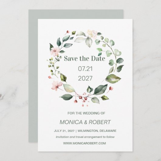 水彩フローラ、緑の葉の日付を保存 招待状 (正面/裏面)