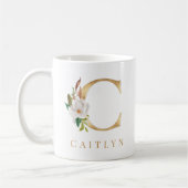 水彩フローラ&金ゴールドレターCモノグラム コーヒーマグカップ (左)