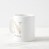 水彩フローラ&金ゴールドレターEモノグラム コーヒーマグカップ (正面左)