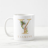 水彩フローラ&金ゴールドレターYモノグラム コーヒーマグカップ (左)