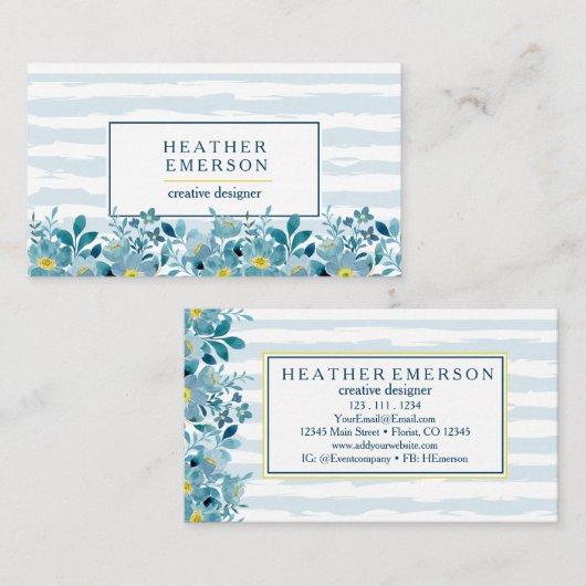 水彩フローラ |青い紫陽花と黄色 名刺 (正面/裏面)