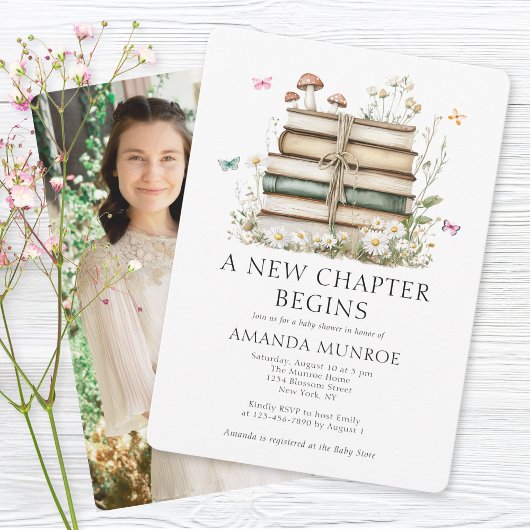 水彩フローラA新しいチャプター写真ベビーシャワー 招待状