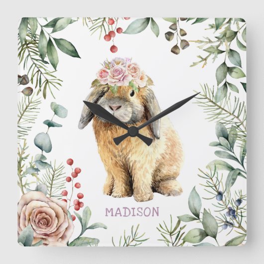 水彩フローラBunny Rabbit パーソナライズされた Name スクエア壁時計 (正面)