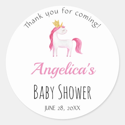 水彩フローラPInkユニコーンベビーシャワー ラウンドシール (正面)