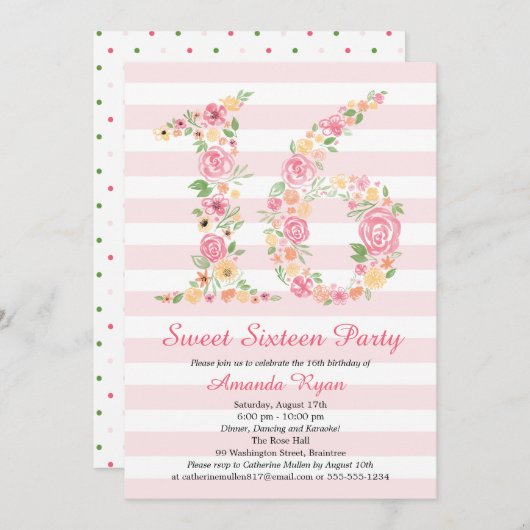 水彩フローラSweet sixteen誕生日 招待状 (正面/裏面)