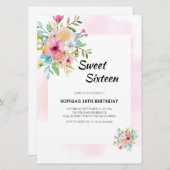 水彩フローラSweet sixteen（ピンクのフレームあり） 招待状 (正面/裏面)