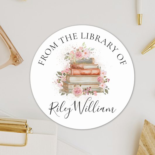 水彩ブックピンクローズフローラ蔵書票シール ラウンドシール