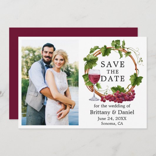 水彩ブドウつる植物リースフォトブルゴーニュ セーブザデート (正面/裏面)