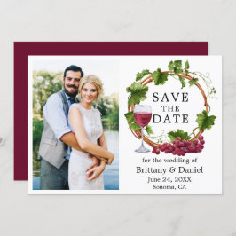 水彩ブドウつる植物リースフォトブルゴーニュ セーブザデート