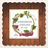 水彩ブドウつる植物リースワインセラー名 ペーパーコースター (正面)