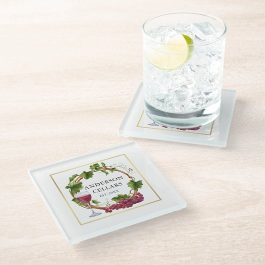 水彩ブドウつる植物リースワインセラー金ゴールド ガラスコースター (アングル)