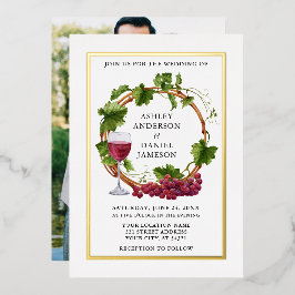 水彩ブドウつる植物リース写真結婚金ゴールド 箔招待状