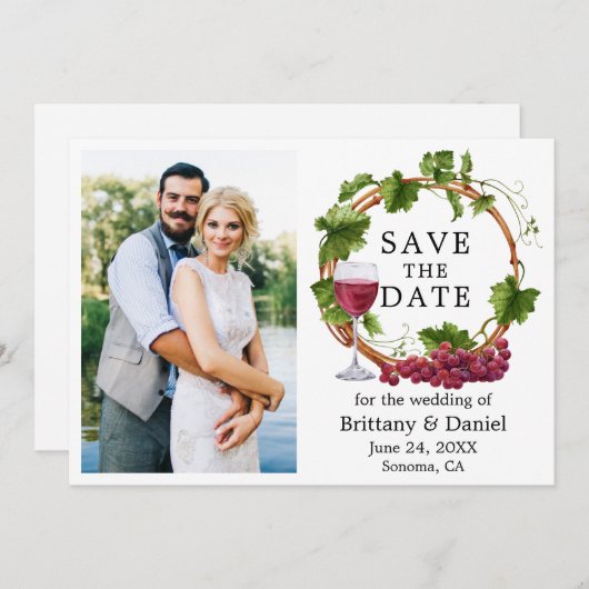 水彩ブドウつる植物リース写真 セーブザデート (正面/裏面)