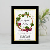 水彩ブドウつる植物リース結婚ズブラック金ゴールド 箔招待状 (立ち正面)