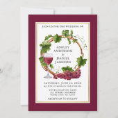 水彩ブドウリースフォトブルゴーニュ結婚ーズ 招待状 (正面)