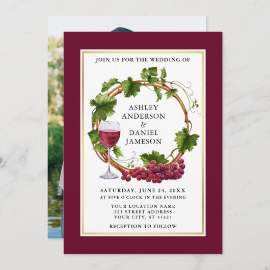 水彩ブドウリースフォトブルゴーニュ結婚ーズ 招待状 (正面/裏面)