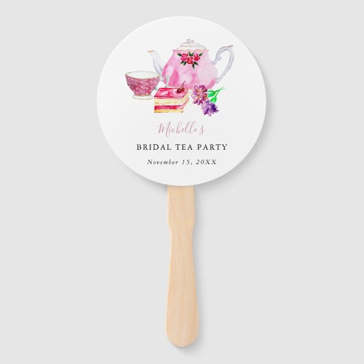 水彩ブライダルシャワーティーパーティーピンクティーポット ハンドファン (正面)
