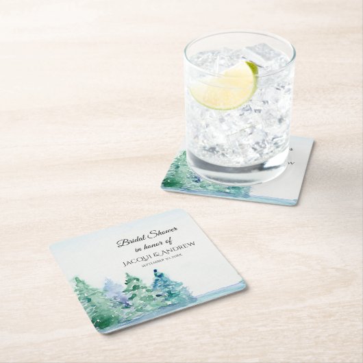 水彩ブライダルシャワーマウンテンパインズレイクサイド スクエアペーパーコースター (インサイチュ)