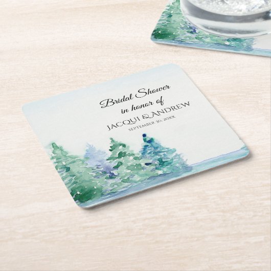 水彩ブライダルシャワーマウンテンパインズレイクサイド スクエアペーパーコースター (アングル)