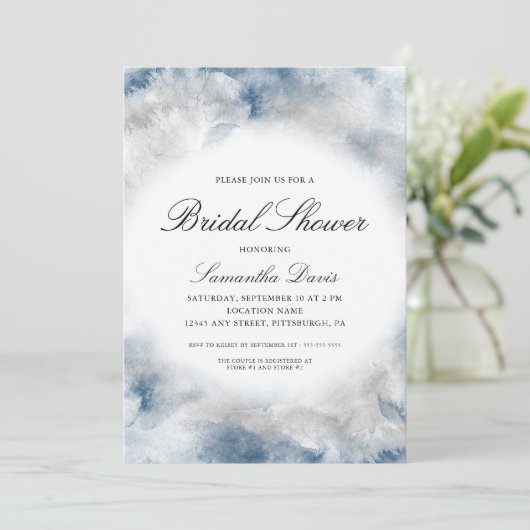水彩ブライダルシャワー抽象芸術ブルーとグレー 招待状 (スタンド正面)