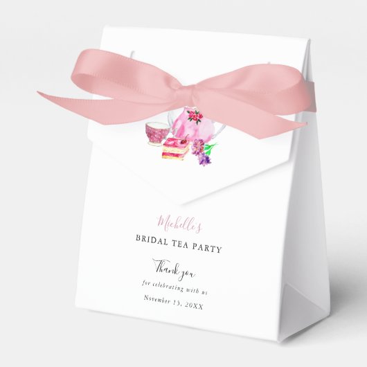 水彩ブライダルシャワー茶パーティーピンクありがとう フェイバーボックス (正面サイド)