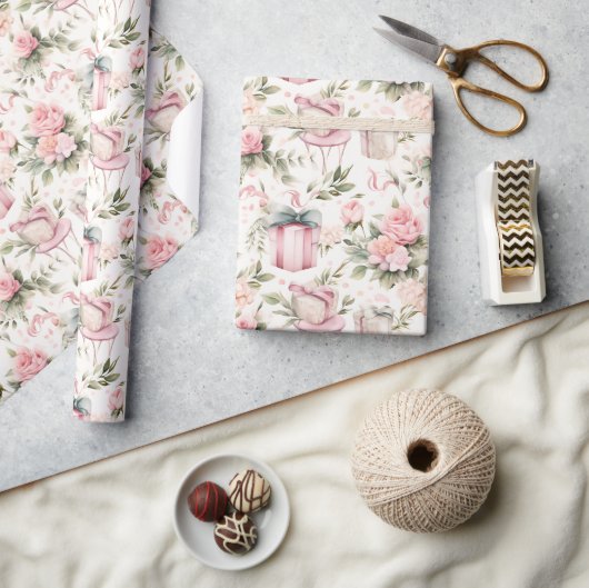 水彩ブライダルシャワー – ピンクのバラとギフトボックス ラッピングペーパー (クラフト)