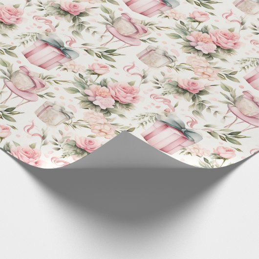 水彩ブライダルシャワー – ピンクのバラとギフトボックス ラッピングペーパー (角)