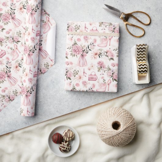 水彩ブライダルシャワー – 花とアクセサリー ラッピングペーパー (クラフト)