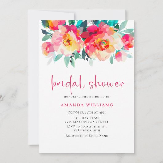 水彩ブライトピンクオレンジフラワーブライダルシャワー 招待状 (正面)