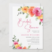 水彩ブライトピンクオレンジフラワーブライダルシャワー 招待状 (正面)