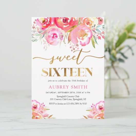 水彩ブライトピンクフローラスイーツ16 招待状 (スタンド正面)