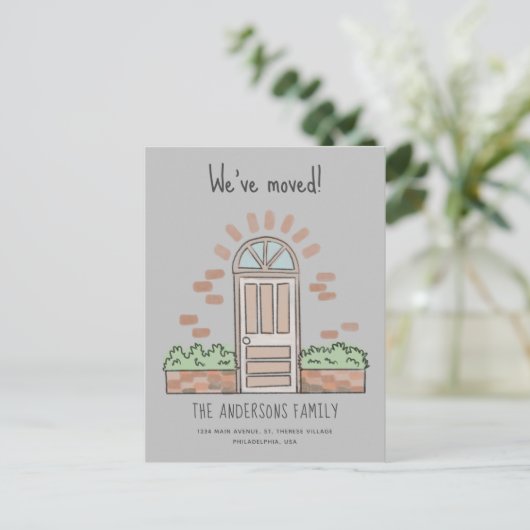 水彩ブラウンドアよくはしゃぐ引っ越しました灰色 案内ポストカード (スタンド正面)